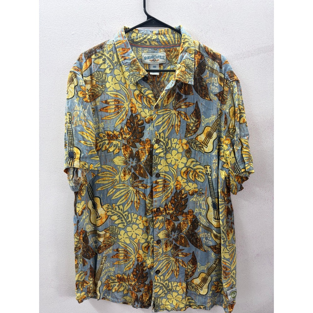 Margaritaville Mens XL Aloha Shirt Blue Yellow Tropical Ukulele Rayon Button Up